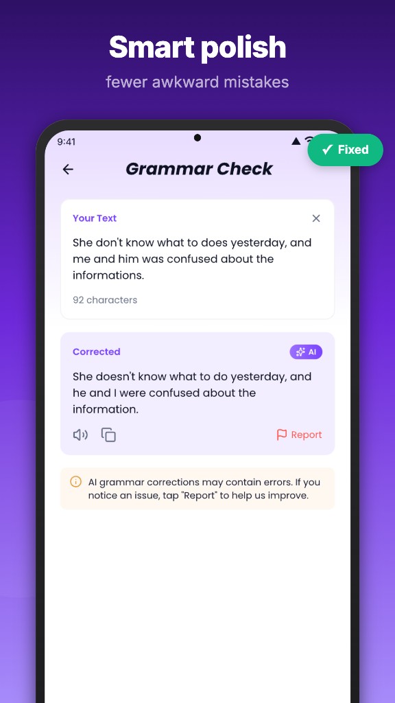 Global Translator Pro: Tools screen with Smart Translate and Grammar Check cards